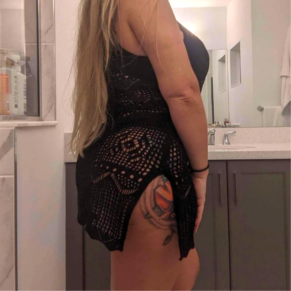 New M Black Knit Crochet Swimsuit Cover Up Mini Dress Slit Beach Sarong Kaftan - Picture 3 of 7